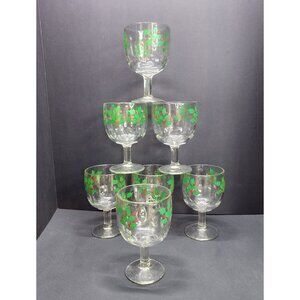 Vintage Libbey Christmas Holly Berry Water Goblets Holiday - Set Of 7